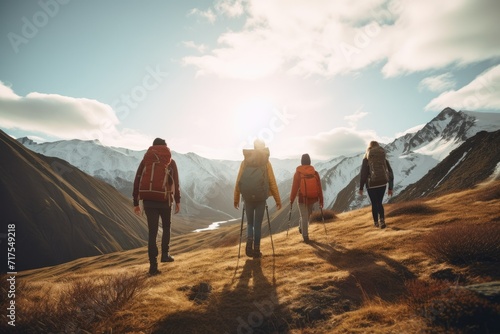 Group of friends hiking in mountains, A group of friends hiking in the mountains in a day, A group of people are posing for a photo with the sun behind them, Ai generated