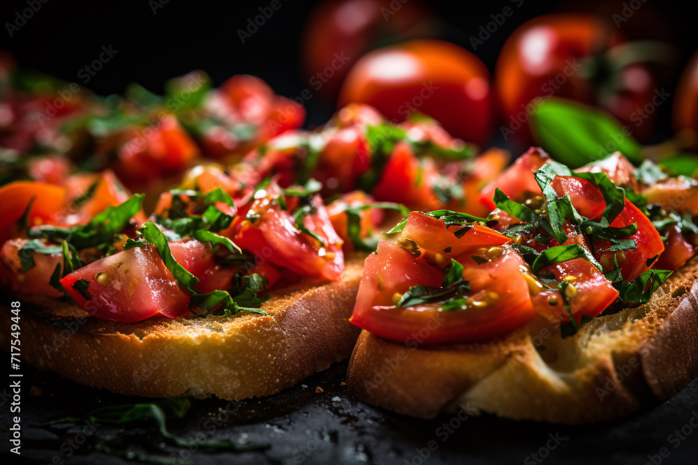 Close up of Bruchetta, a grilled bread rubbed with garlic with tomato topping on dark background