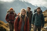 People taking part of sustainable travel movement, Young adults hiking in nature smiling joyfully together, Ai generated