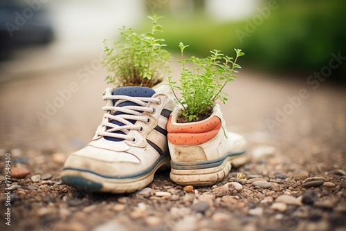 sneakers with small plants growing out, symbolic for ecotravel photo