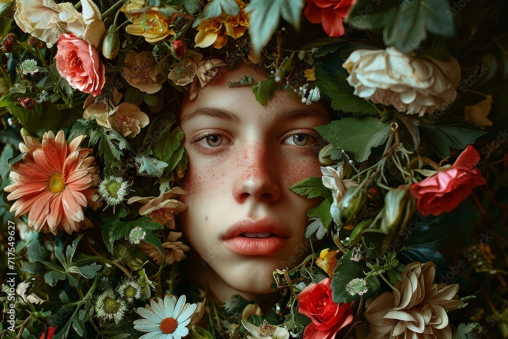 A portrait of a person whose facial features are artistically replaced with floral elements, blending human and botanical aesthetics