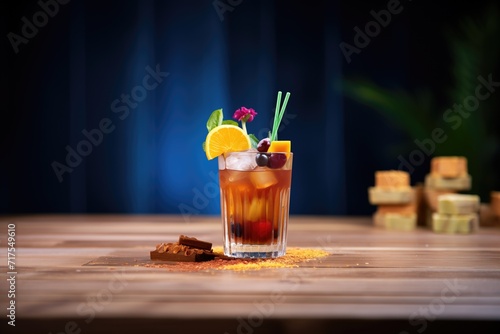 mocktail glass filled with cherry cola and fruit slice