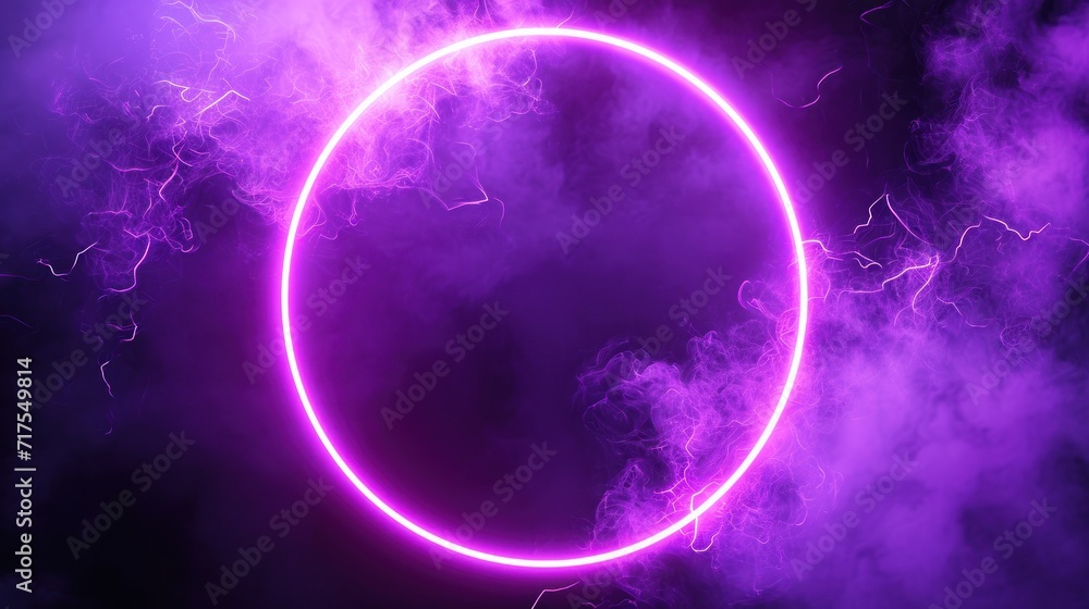 Neon circle frame with soft round glowing smoke. Purple ring with sparks and flare Neon circle frame with soft round glowing smoke. Purple ring with sparks and flare