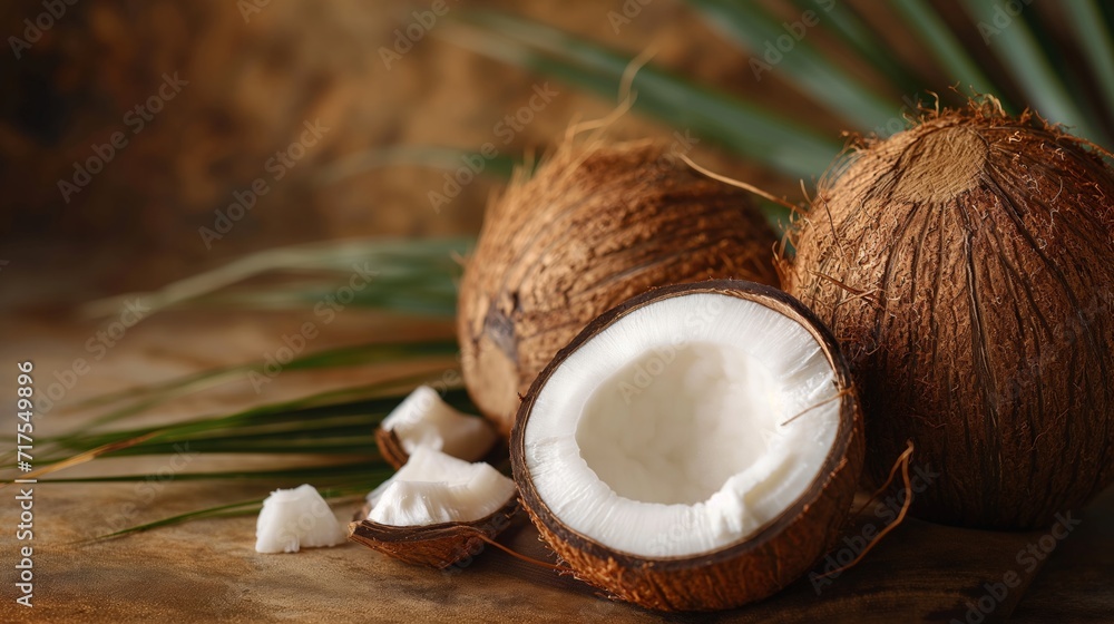 Coconuts whole and broken in half. Coconuts whole and broken in half.
