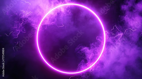 Neon circle frame with soft round glowing smoke. Purple ring with sparks and flare