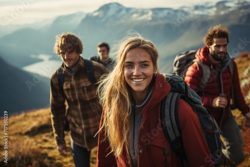 group of friends hiking in mountains, A group of friends hiking in the mountains at sunset , Young adults hiking in nature smiling joyfully together, Ai generated