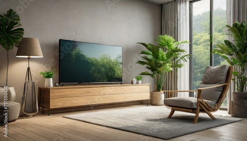 modern living room with sofa  Mockup TV in modern living room with armchair and plant on  wall