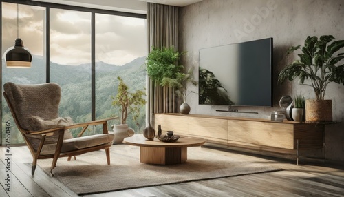 modern living room  Mockup TV in modern living room with armchair and plant on  wall