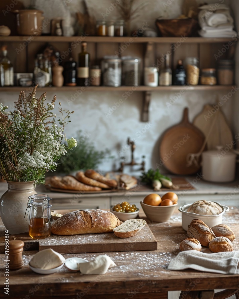 A rustic home kitchen scene with homemade bread and fresh ingredients, evoking a sense of comfort food