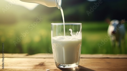 Pour fresh milk into a glass with pasture and cow background