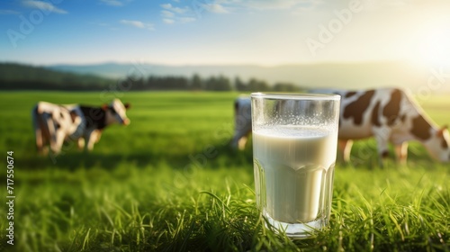 Pour fresh milk into a glass with pasture and cow background