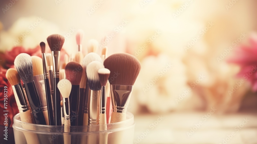 Professional makeup brushes and cosmetics background. Vintage tone. - obrazy, fototapety, plakaty 