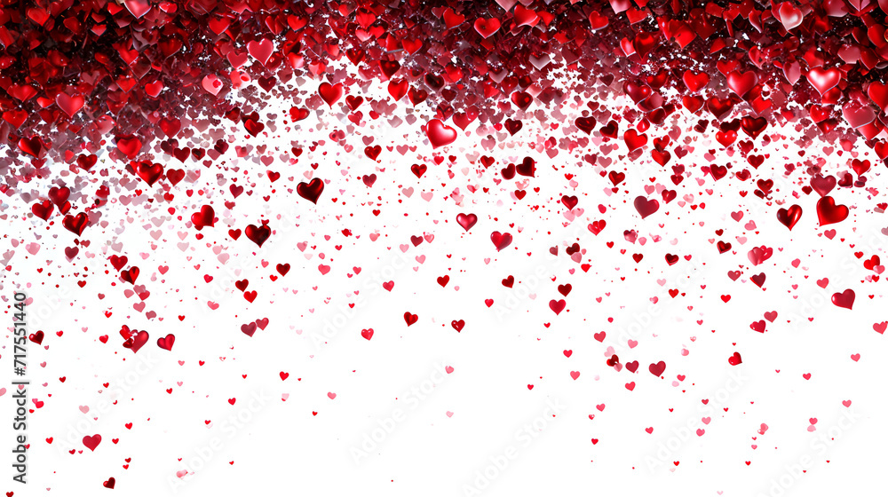 abstract red valentines day hearts raining down isolated white background, copy space, generative ai