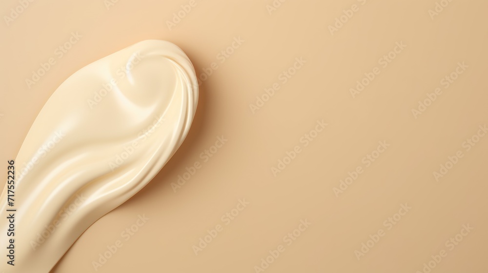 Simulation of a cream tube with an open cap and white product squeezed out of the cream on a beige background. Top view with copy space - obrazy, fototapety, plakaty 