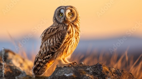 Short-eared owl on a rock at sunset photo