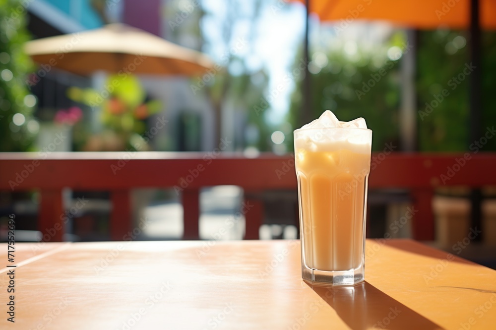 tall glass of cream soda with ice cubes on a sunny patio table tall glass of cream soda with ice cubes on a sunny patio table