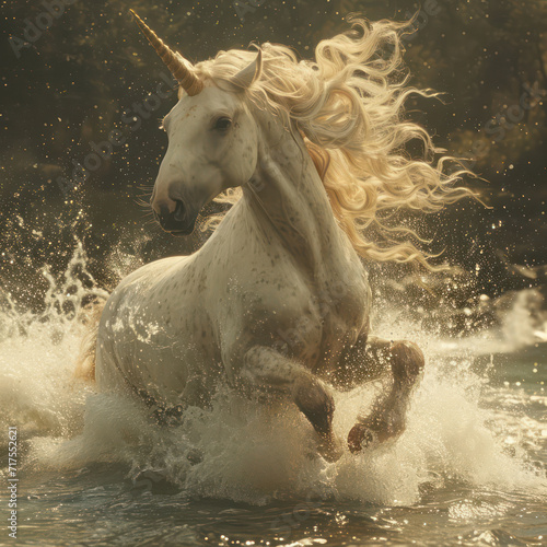 White horse unicorn running in the water. photo