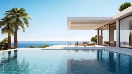 Summer exterior minimalist luxury villa with swimming pool overlooking the sea