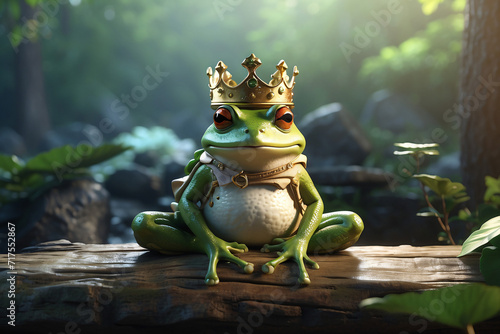 Illustration of a green frog wearing a crown in the forest © Maizul