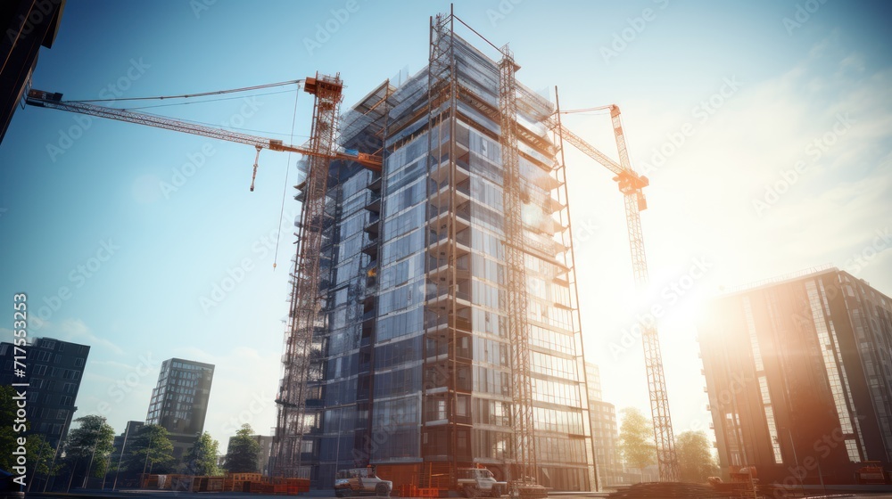 Fototapeta premium Tall building. Residential building under construction with construction crane in the background.