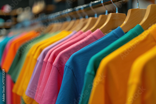 A vibrant selection of colorful t-shirts is neatly displayed on wooden hangers