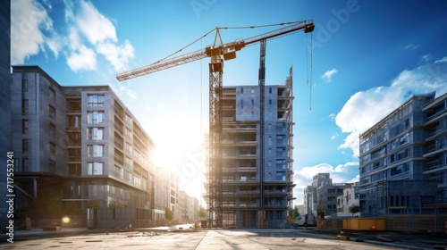 Tall building. Residential building under construction with construction crane in the background. #717553241