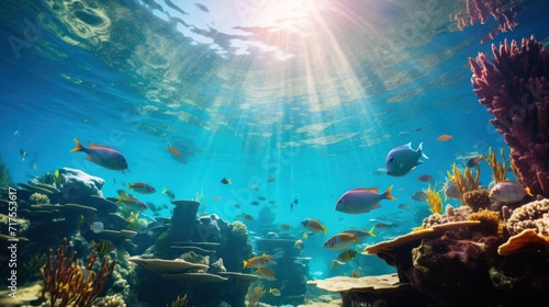 Underwater view from under colorful fish. Various species in the ocean © venusvi