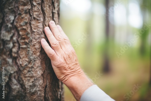 hand touching the bark of a tree trunk, focused with blurred forest background