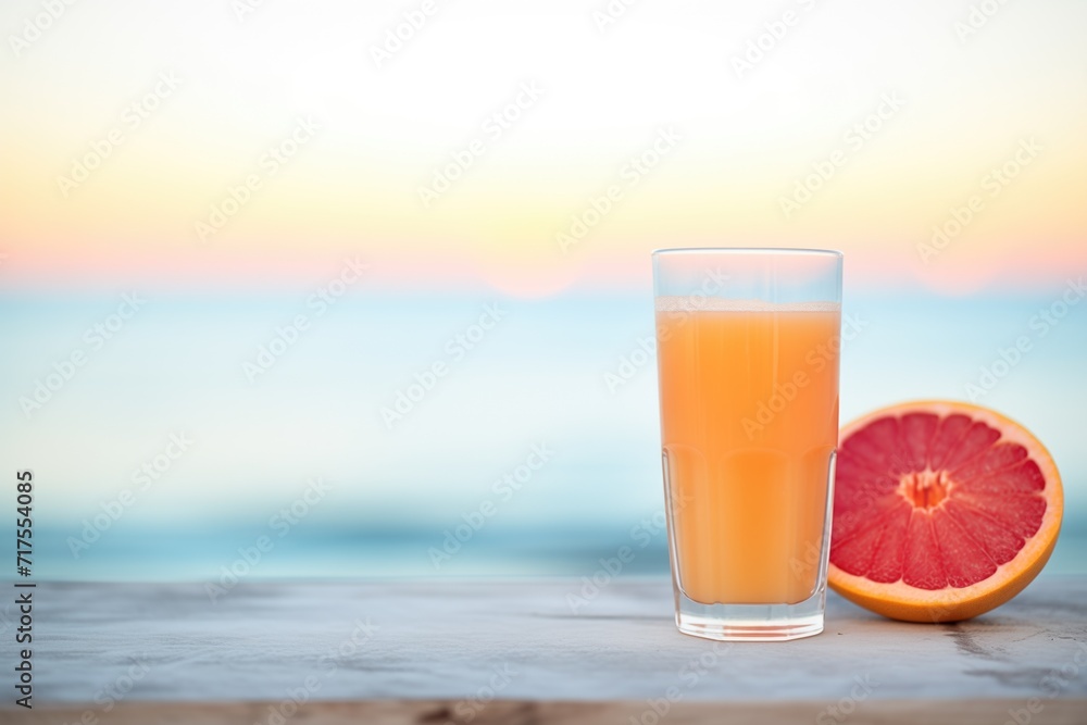 glass of grapefruit juice with a beach backdrop at sunrise glass of grapefruit juice with a beach backdrop at sunrise
