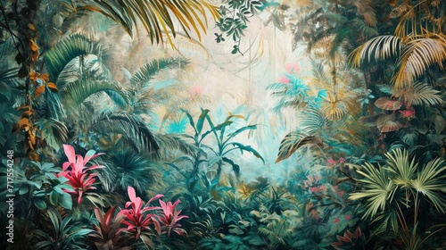Watercolor pattern wallpaper Drawing landscapes of the Amazon forest and various wildlife. photo