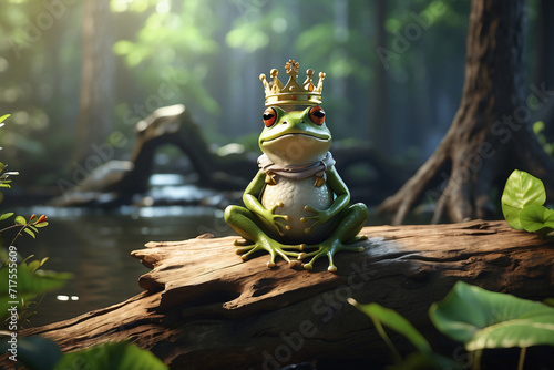 Illustration of a green frog wearing a crown in the forest © Maizul