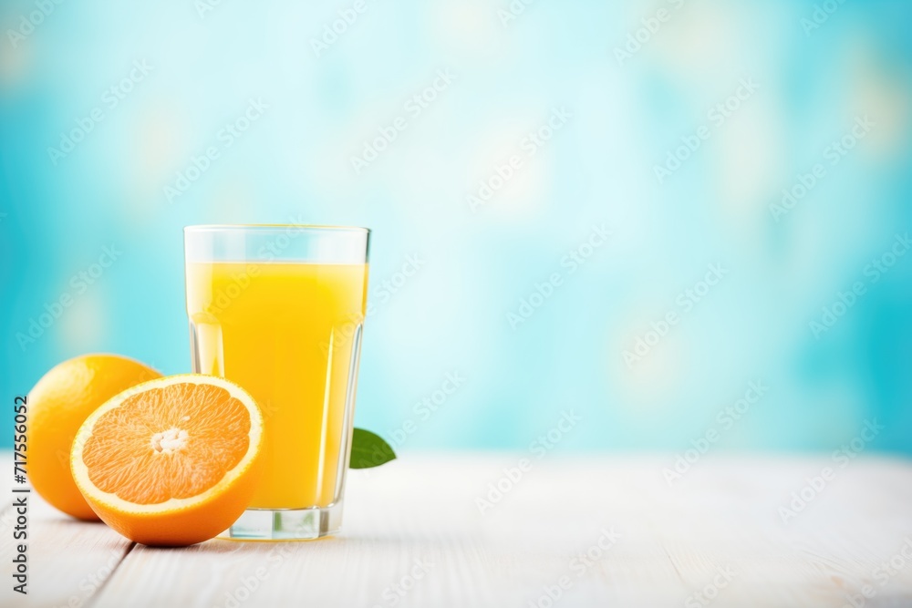 glass of juice with orange slice on bright background glass of juice with orange slice on bright background