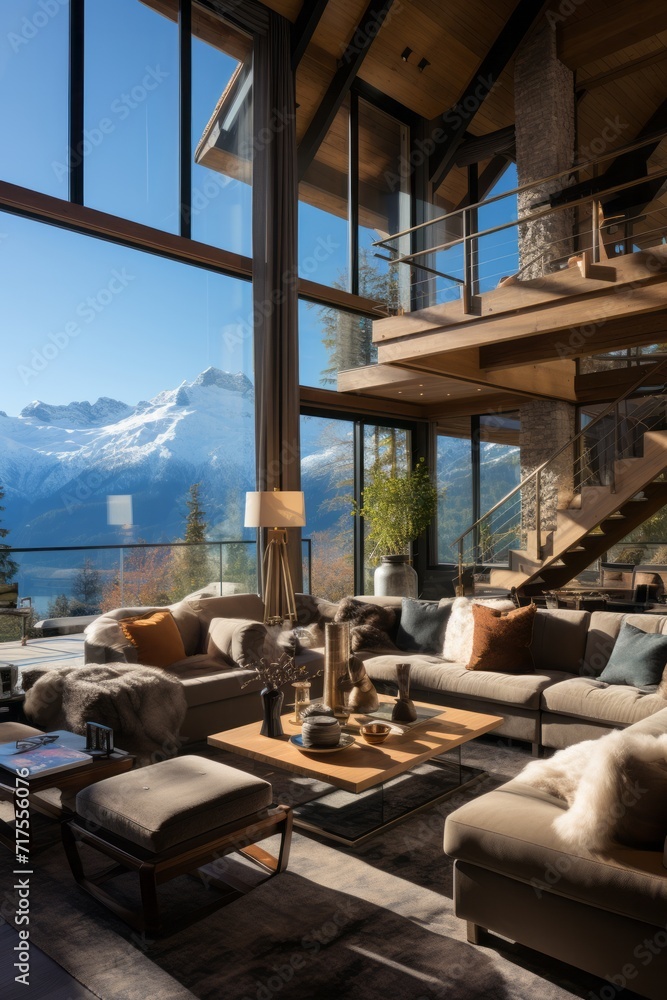 Luxury ski chalet in the Swiss Alps with panoramic mountain views, Generative AI