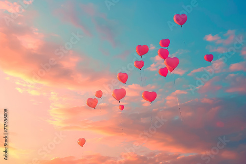 Heart-shaped balloons soaring against a pastel sunset sky, creating a dreamy and romantic atmosphere.