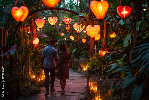 Two individuals holding hands and strolling through a lush garden adorned with heart-shaped lanterns