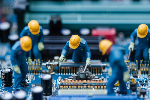 a team of small miniature workers on a computer motherboard carry out repairs and maintenance