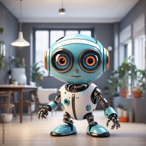 Cute Robotic Character in Modern Home, 3D Illustration, Smart Living Concept, for Tech Advertising, Interactive Media