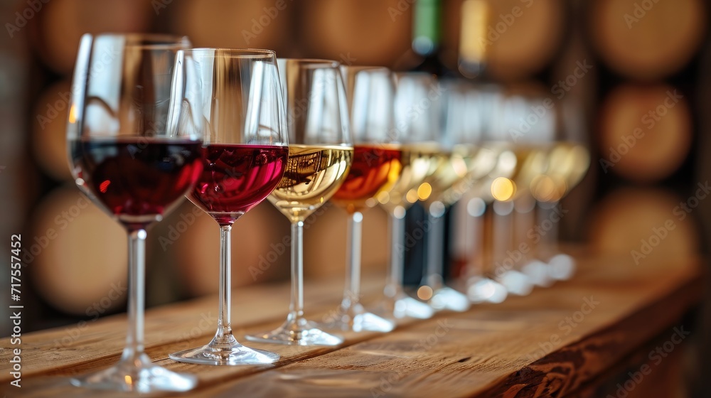 A row of wine glasses filled with different types of wine on a wooden table in a restaurant, Ai Generated