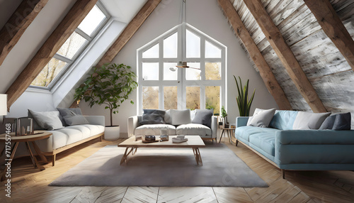 Cozy loft living room interior in an attic. Generative AI. © hanifa