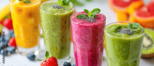 Three glasses of smoothies with different types of fruits and berries on a table  Ai Generated