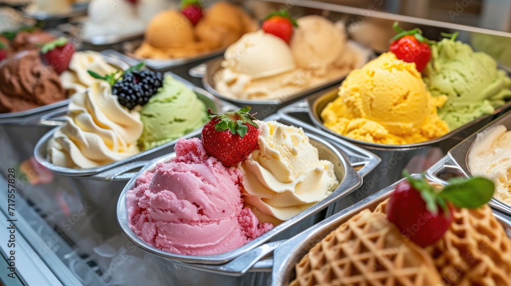 Step into the world of sweet indulgence at the ice-cream shop, where waffle cones await to be filled with delightful flavors, Ai Generated