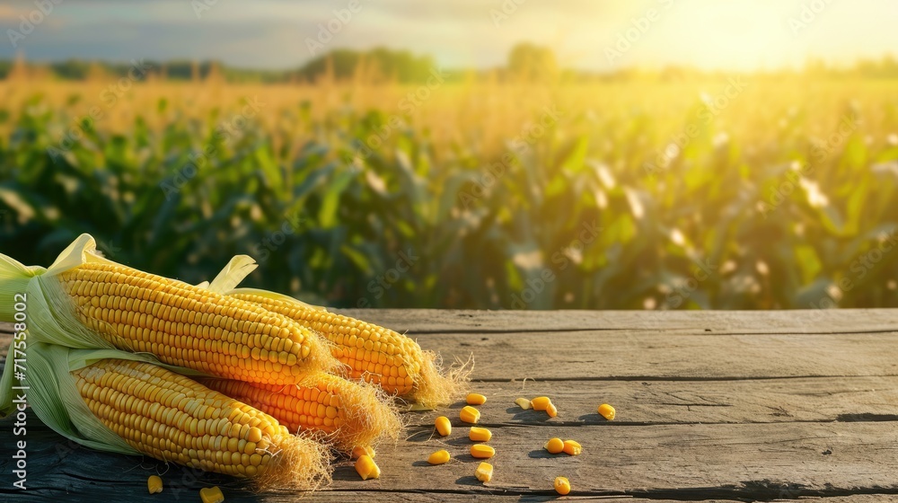 Rustic display of corn cobs on wood, set against a lush cornfield