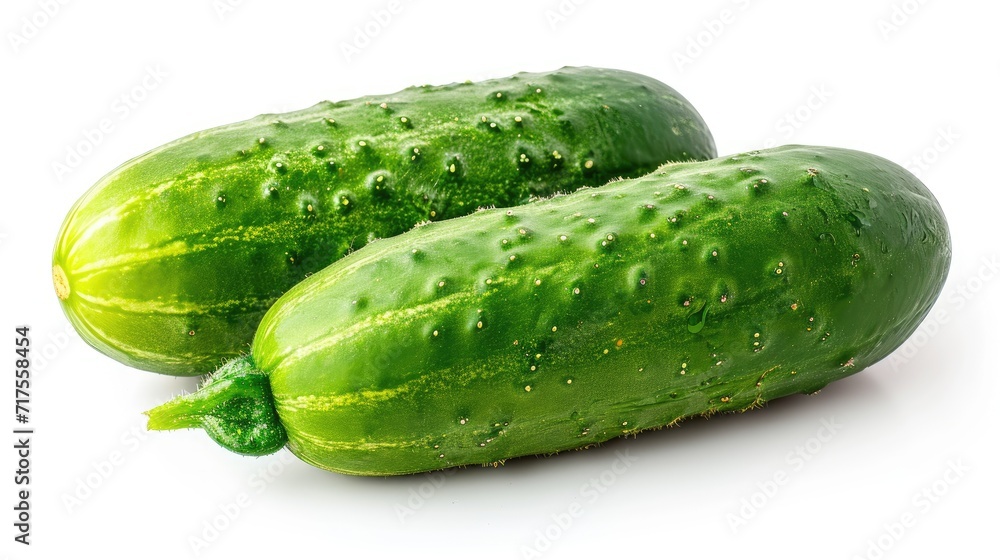 Experience the crisp and natural refreshment of pristine organic cucumbers against a pure white canvas, Ai Generated. Experience the crisp and natural refreshment of pristine organic cucumbers against a pure white canvas, Ai Generated.