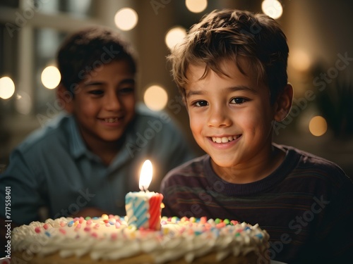 Close-up high-resolution image of a happy boy celebrating birthday with his brother. Generative AI.