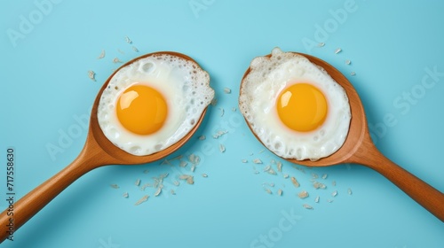 Two fried eggs in a pan, wooden spoon centerpiece, set against a blue background, Ai Generated.