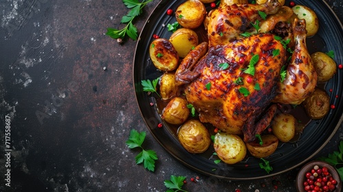 Spicy whole roasted chicken with potatoes, presented on a plate, dark background, Ai Generated. photo
