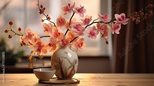 A vibrant painting of pink orchids gracefully arranged in a clear vase, Ai Generated