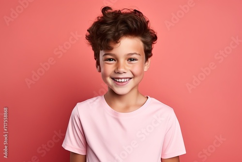 Portrait of a smiling little boy in a pink t-shirt on a pink background