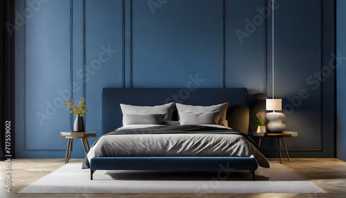 Dark bed and mockup dark blue wall in bedroom interior. Generative AI.
