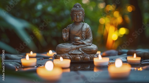 Serene Buddha statue with candles in a peaceful natural setting  Ai Generated.